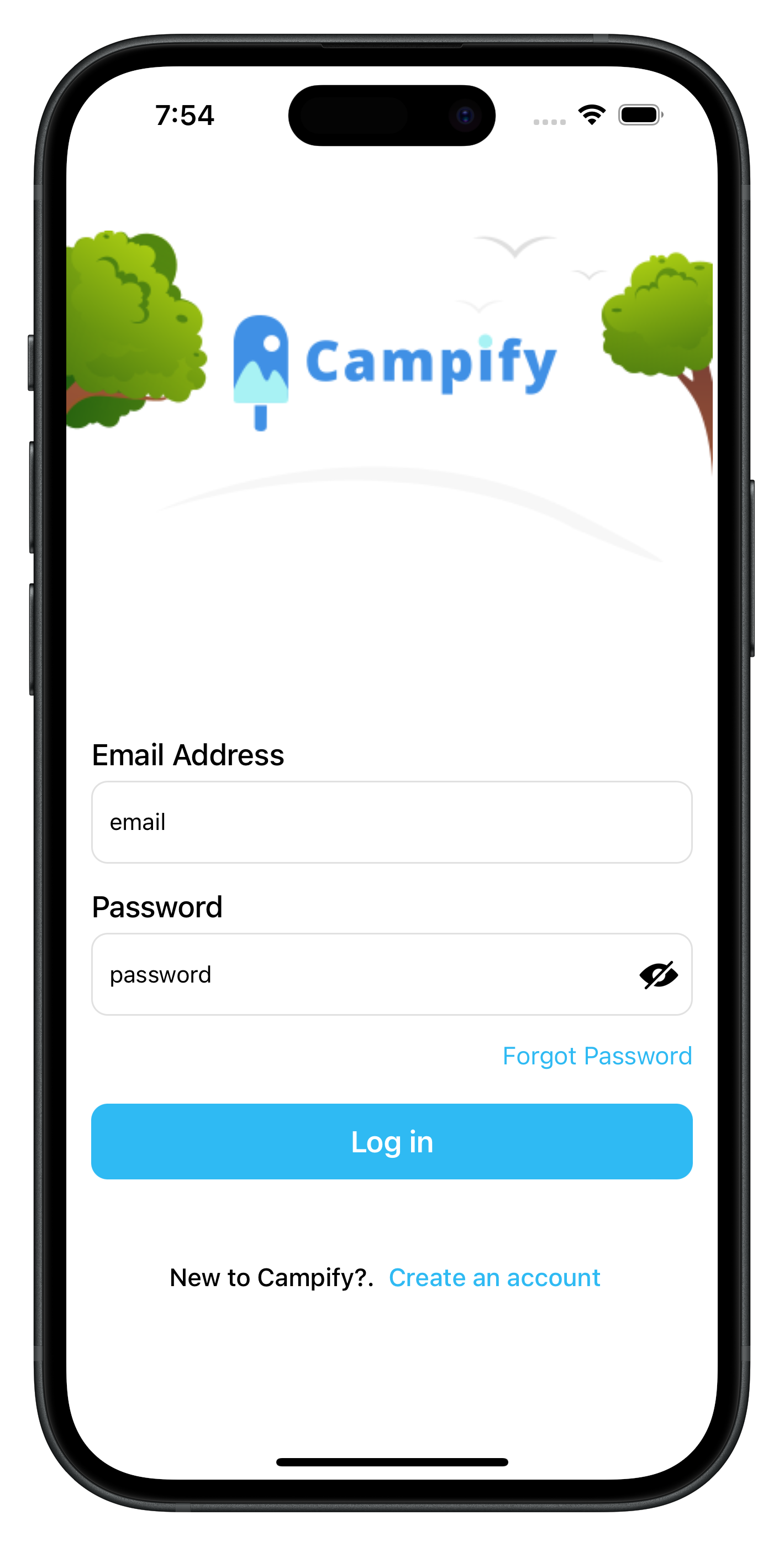 Campify app login screen