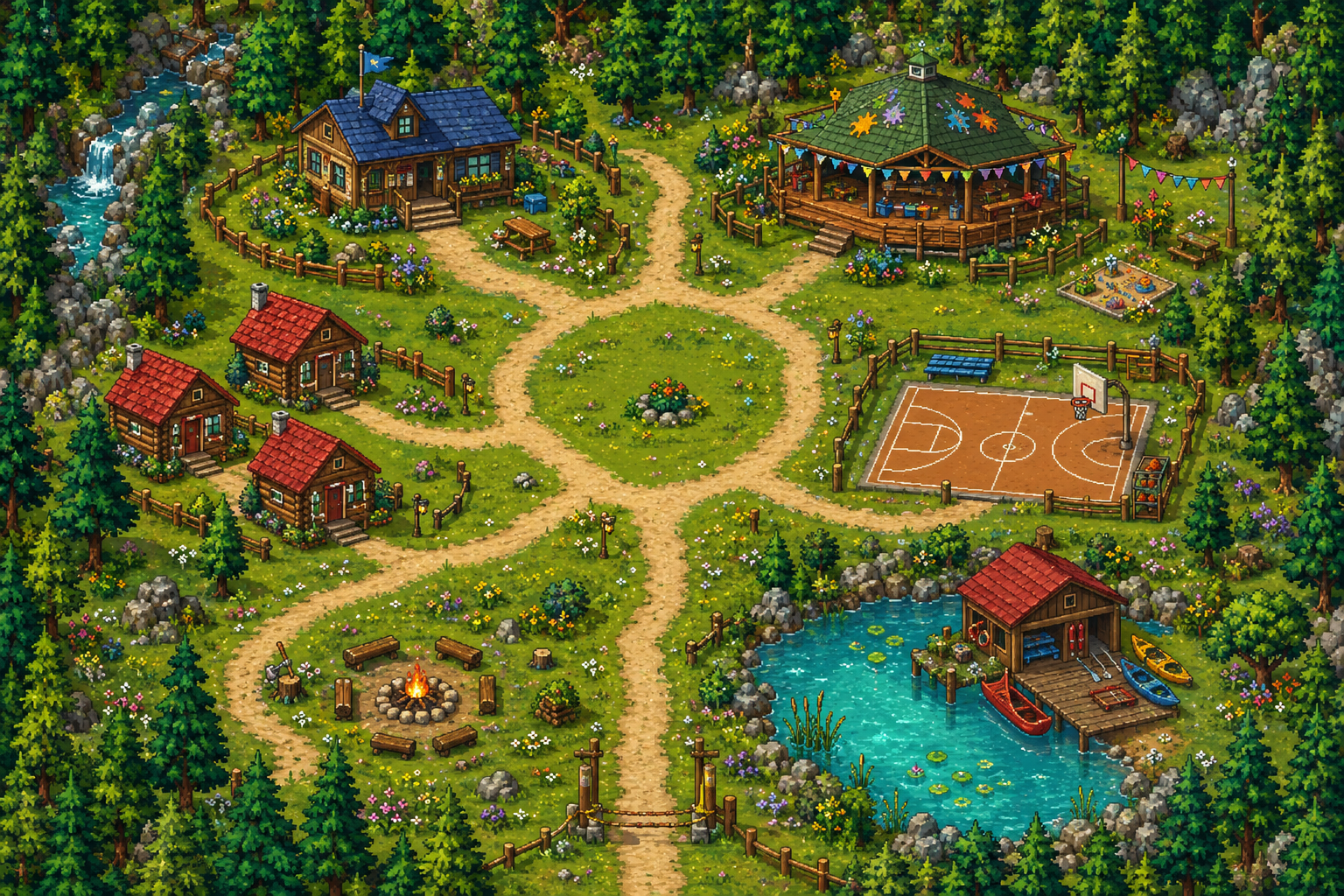 Pixel-art summer camp with cabins, an activity pavilion, a sports court, a lake and a campfire, connected by paths through the forest.